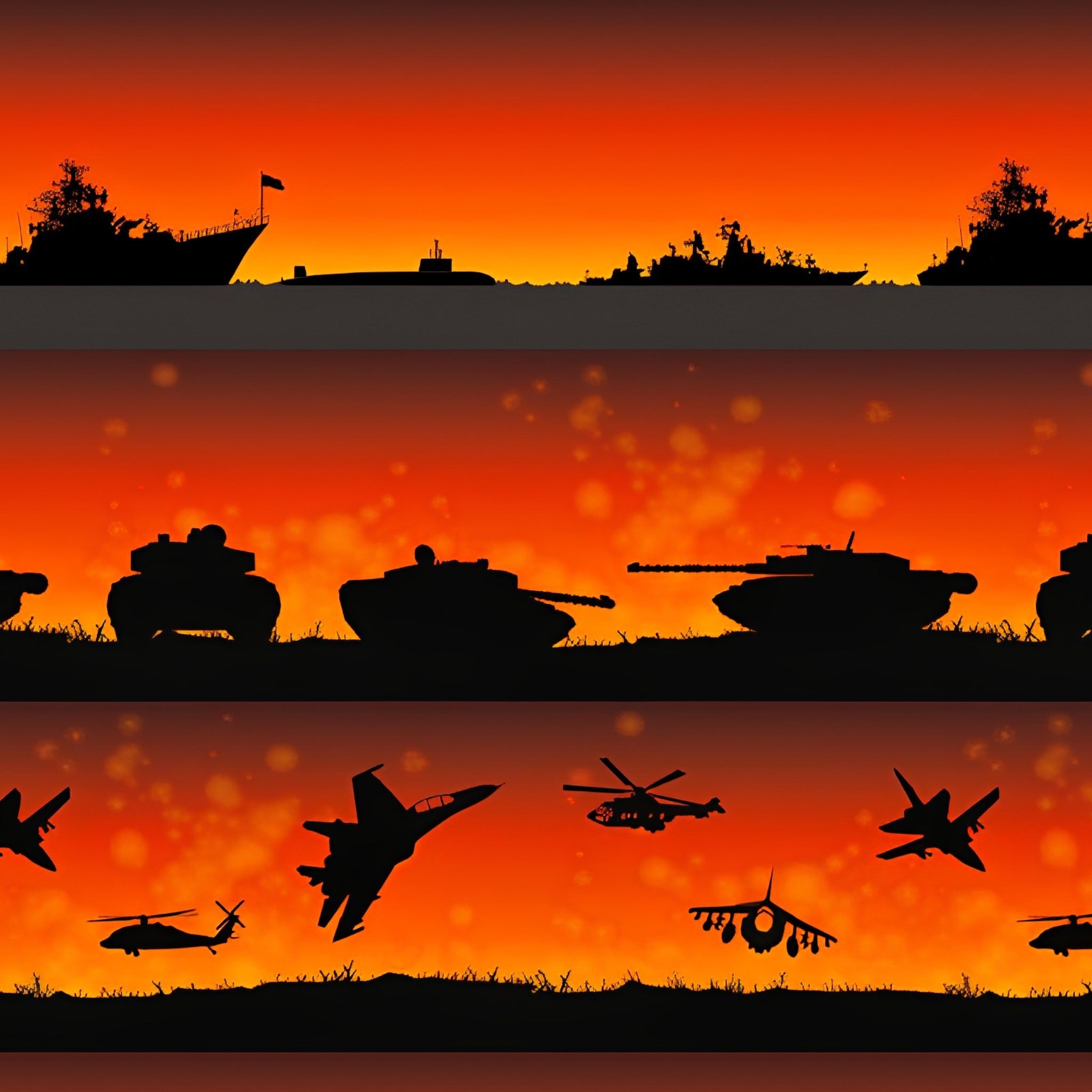 Military silhouette stripe warships tanks jets helicopters orange red fabric for ANZAC boys quilts patchwork sewing projects
