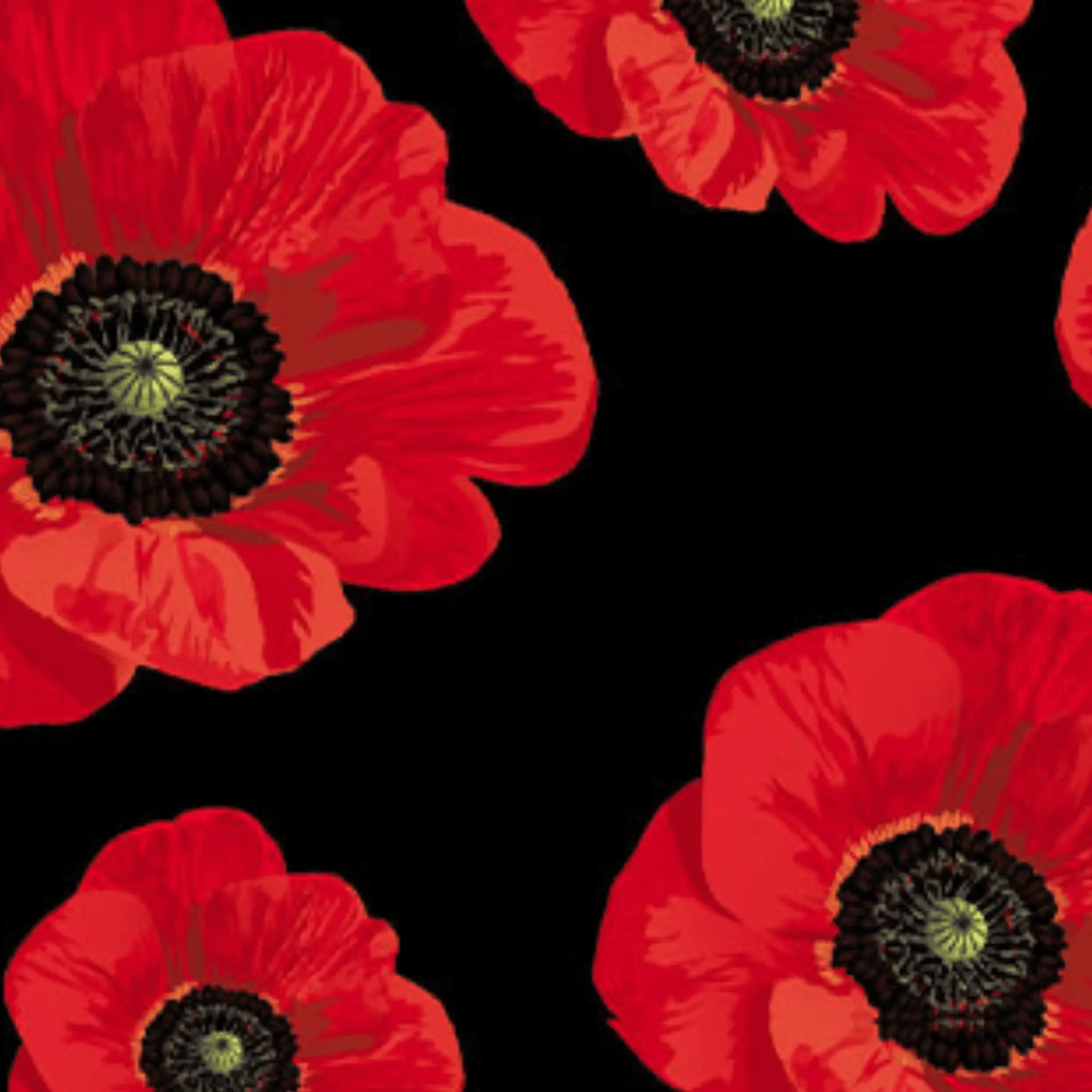 Remembering ANZAC Large Poppies on Black - KK Fabrics - Three Wishes Patchwork Fabric - Closeup