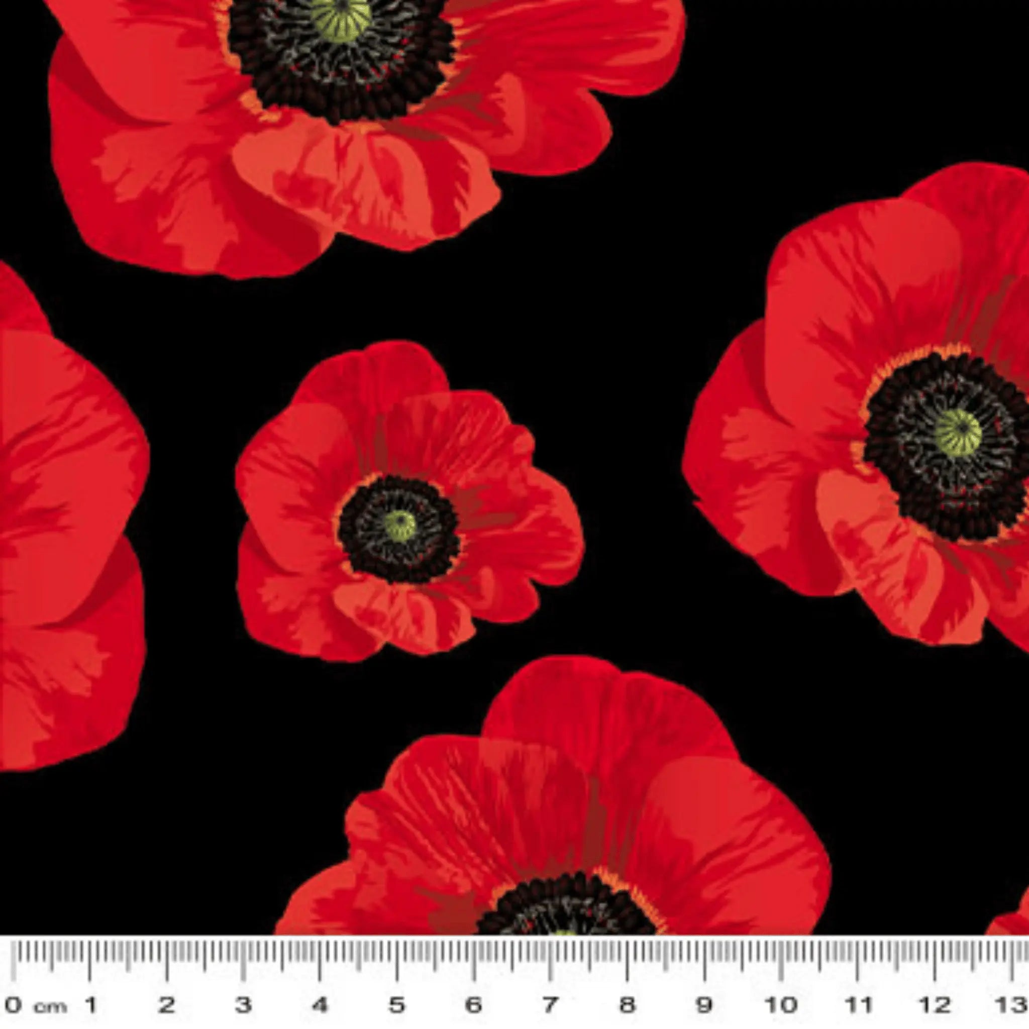 Remembering ANZAC Large Poppies on Black - KK Fabrics - Three Wishes Patchwork Fabric - Size Closeup