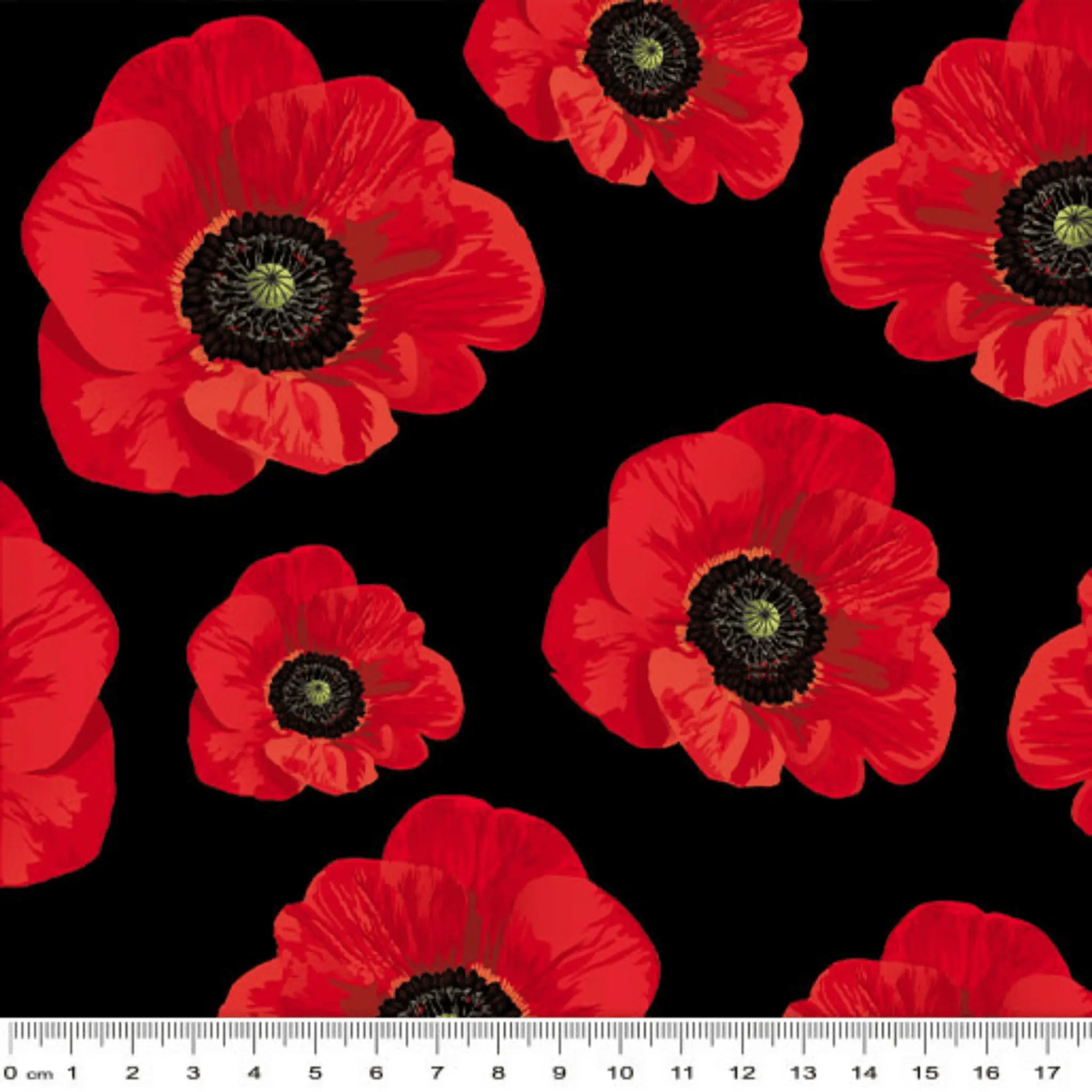 Remembering ANZAC Large Poppies on Black - KK Fabrics - Three Wishes Patchwork Fabric - Size