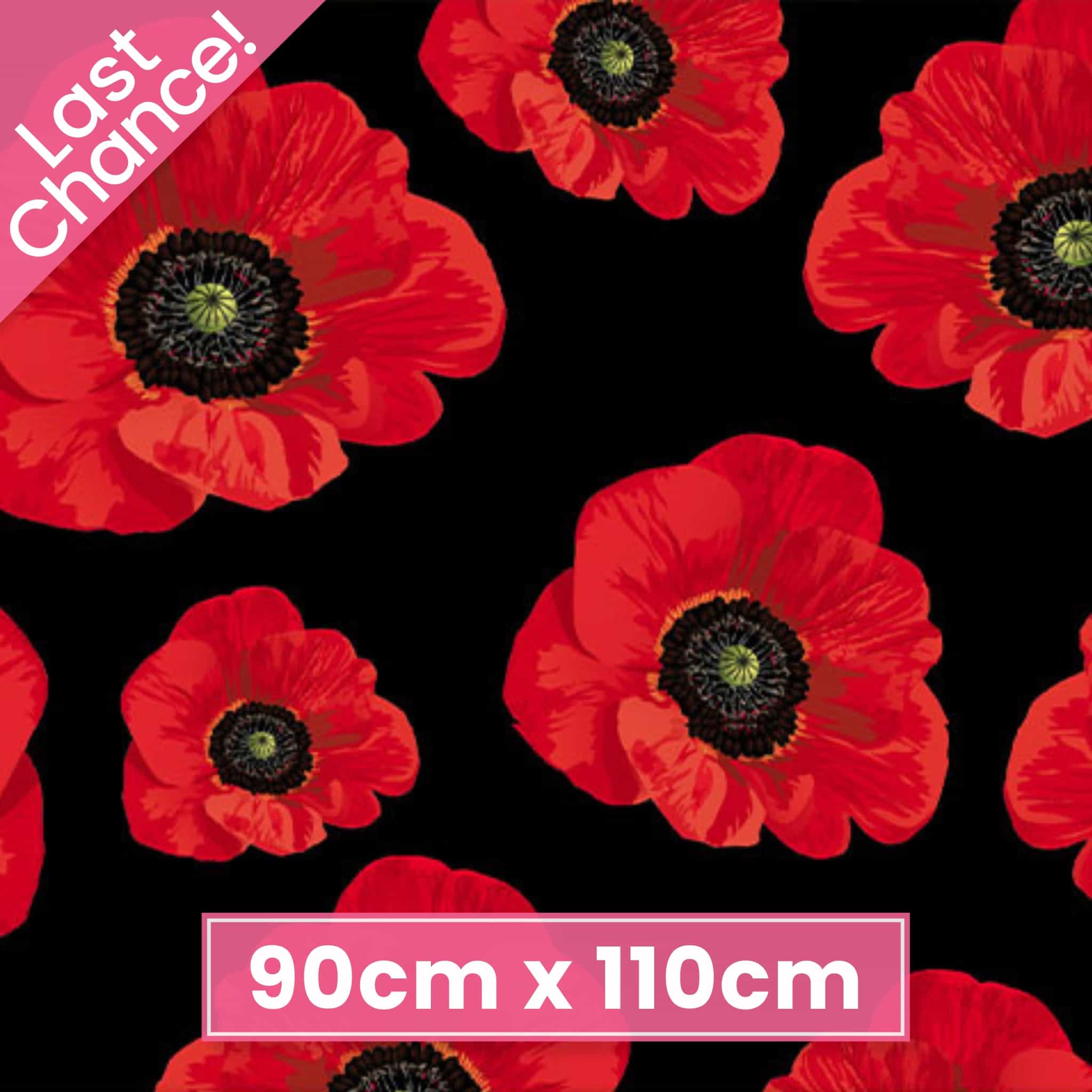 Bold red ANZAC poppies on black quilting cotton fabric for memorial projects
