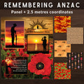 Remembering ANZAC panel and coordinates bundle soldier silhouette poppies camouflage biplanes war medals fabric for commemorative quilts and ANZAC Day gifts