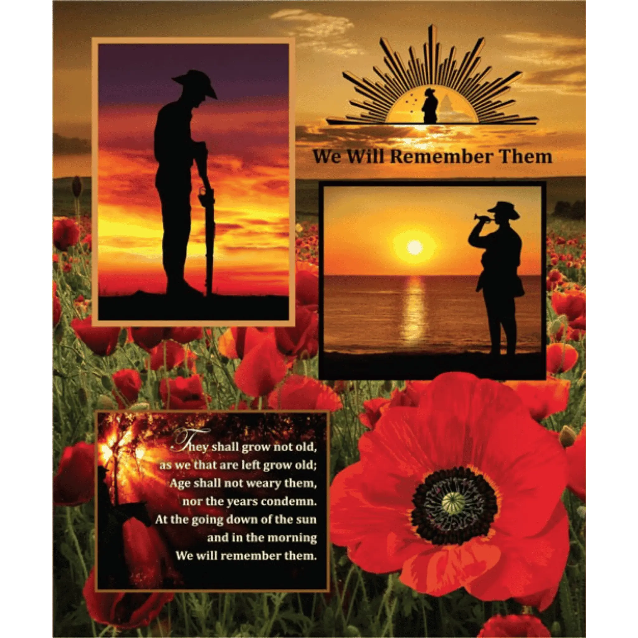 ANZAC commemorative panel soldiers silhouettes red poppies Rising Sun badge Ode of Remembrance fabric for memorial quilts and tribute projects
