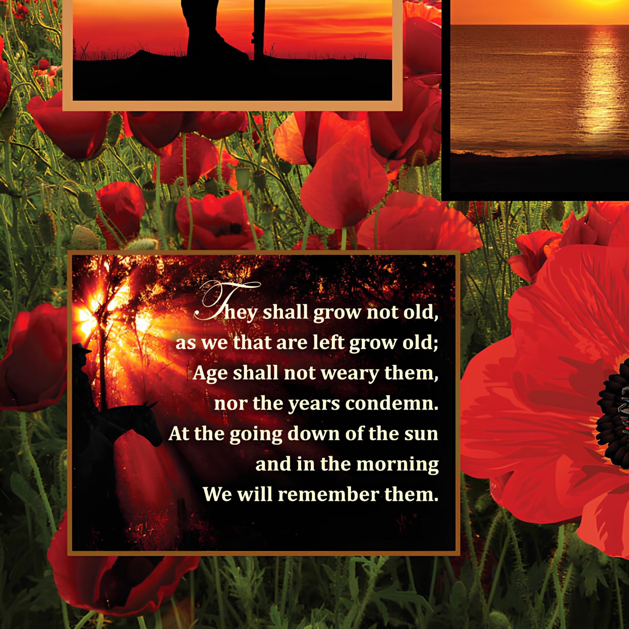 ANZAC panel soldiers poppies Rising Sun badge Ode of Remembrance red orange sunset fabric for memorial quilts wall hangings