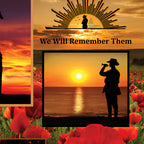 ANZAC commemorative panel soldiers poppies Rising Sun badge Ode of Remembrance red orange sunset fabric for memorial quilts wall hangings