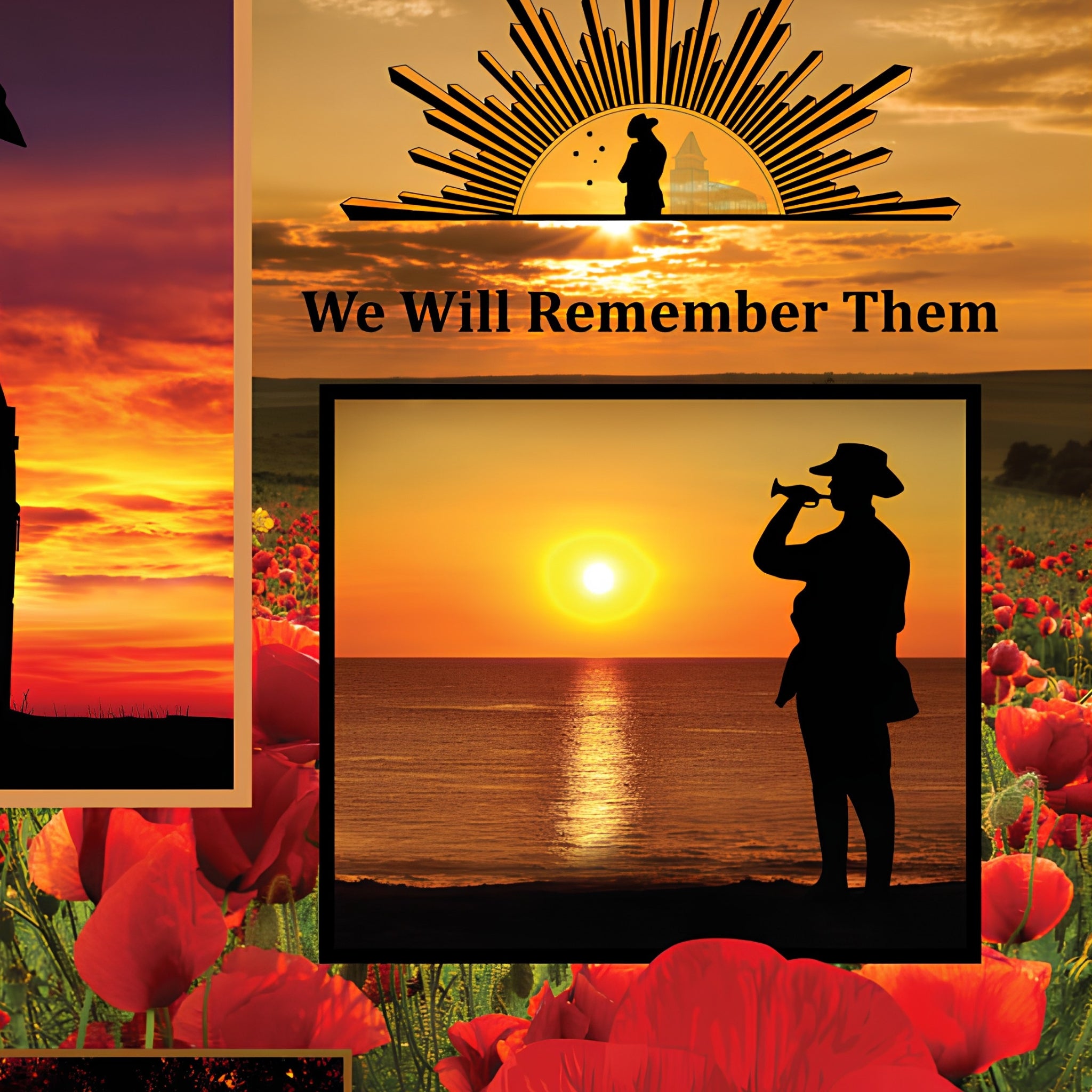 ANZAC commemorative panel soldiers poppies Rising Sun badge Ode of Remembrance red orange sunset fabric for memorial quilts wall hangings