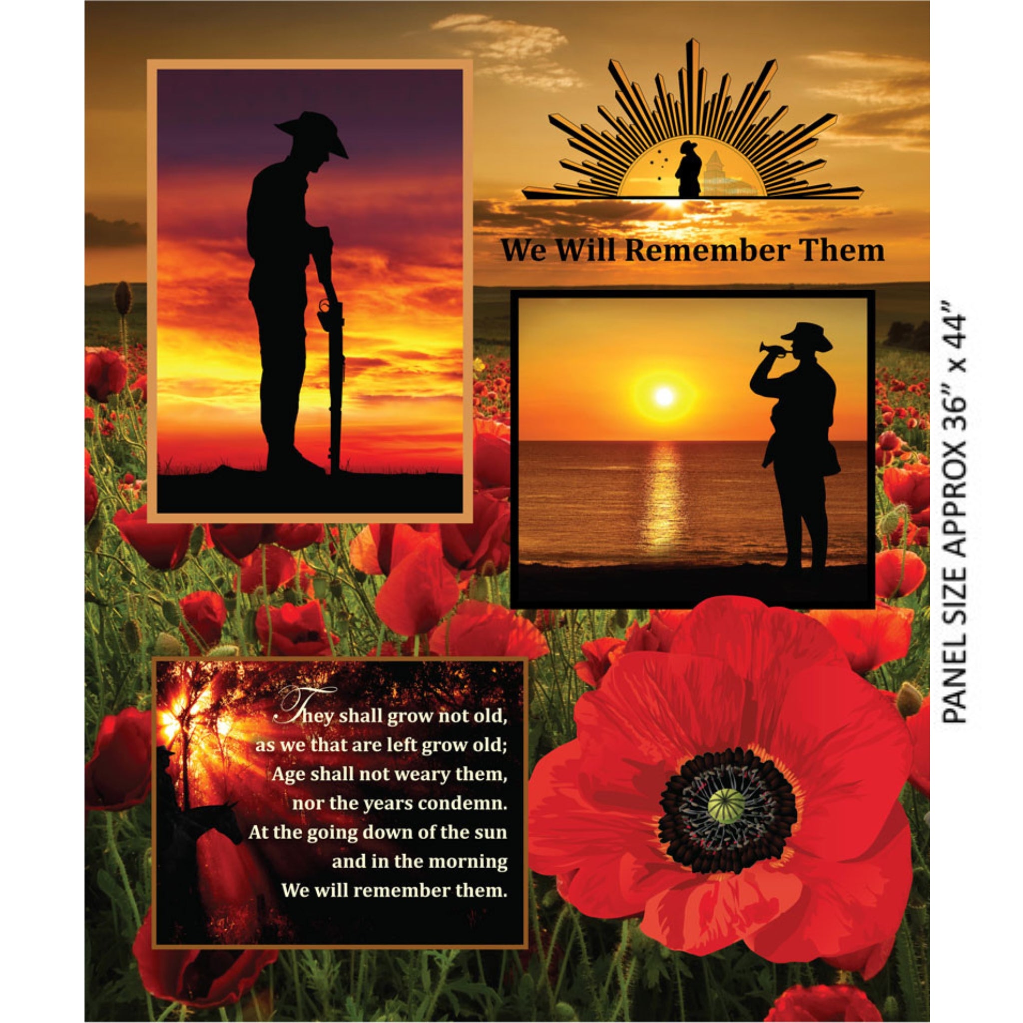 ANZAC panel soldiers poppies Rising Sun badge Ode of Remembrance red orange sunset fabric for memorial quilts wall hangings