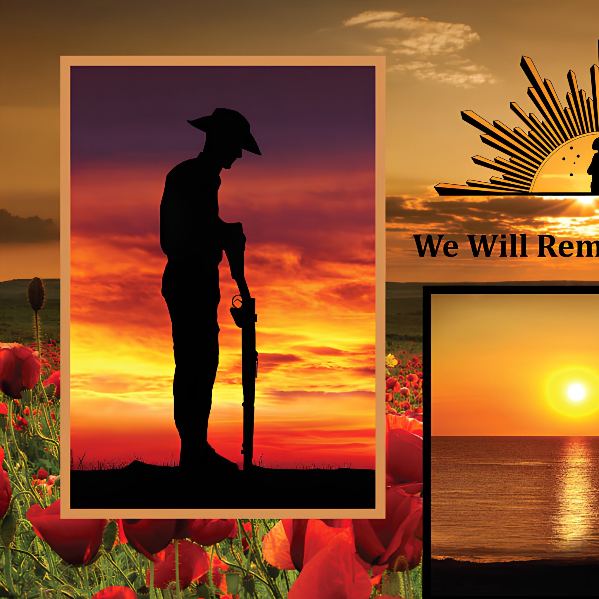 ANZAC commemorative panel soldiers poppies Rising Sun badge Ode of Remembrance red orange sunset fabric for memorial quilts wall hangings