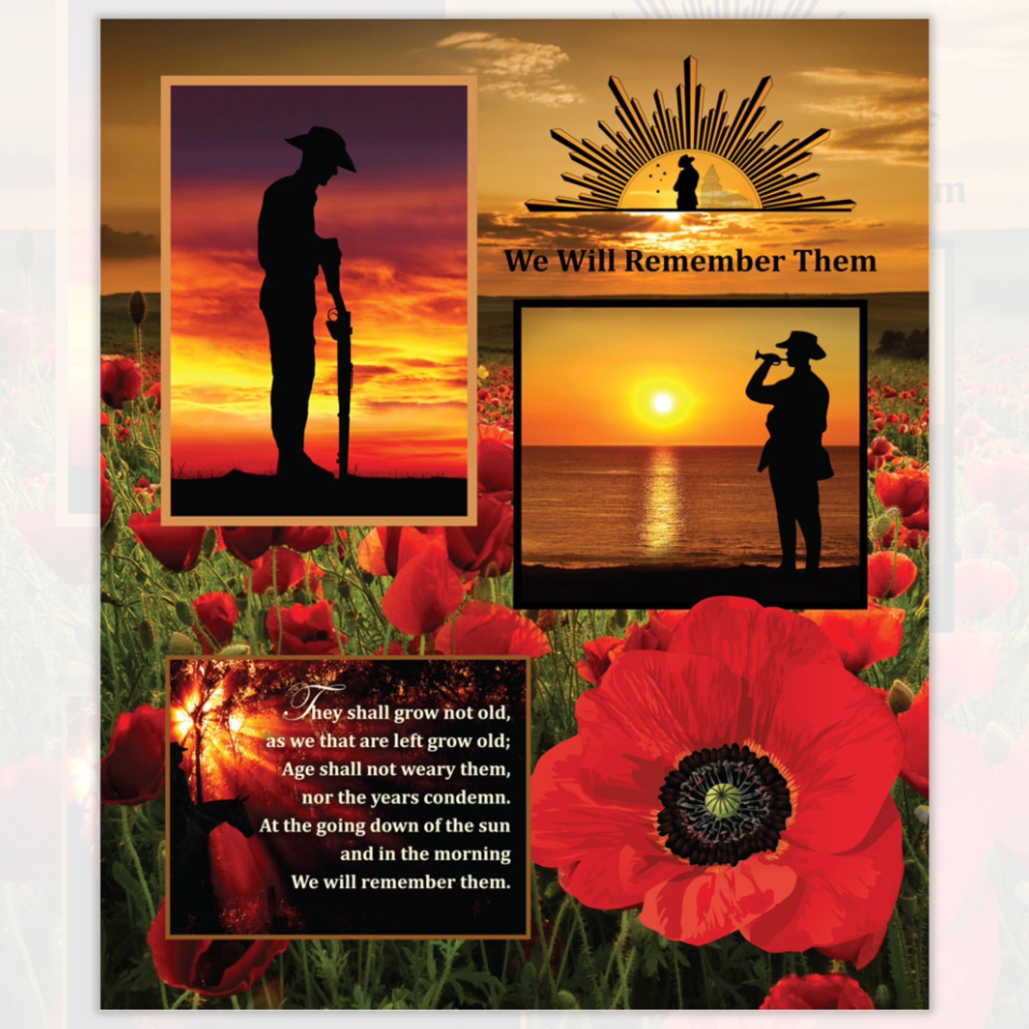 ANZAC commemorative panel soldiers poppies Rising Sun badge Ode of Remembrance red orange sunset fabric for memorial quilts wall hangings