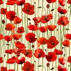 Red poppies stems buds cream background fabric for ANZAC memorial quilts remembrance cushions patchwork sewing projects