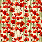 Red poppies stems buds cream background fabric for ANZAC memorial quilts remembrance cushions patchwork sewing projects