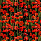 Red poppies stems buds black background fabric for ANZAC memorial quilts remembrance cushions floral patchwork sewing projects