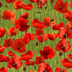 Red poppies stems buds green background fabric for ANZAC memorial quilts remembrance cushions floral patchwork sewing projects