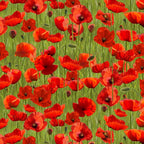 Red poppies stems buds green background fabric for ANZAC memorial quilts remembrance cushions floral patchwork sewing projects