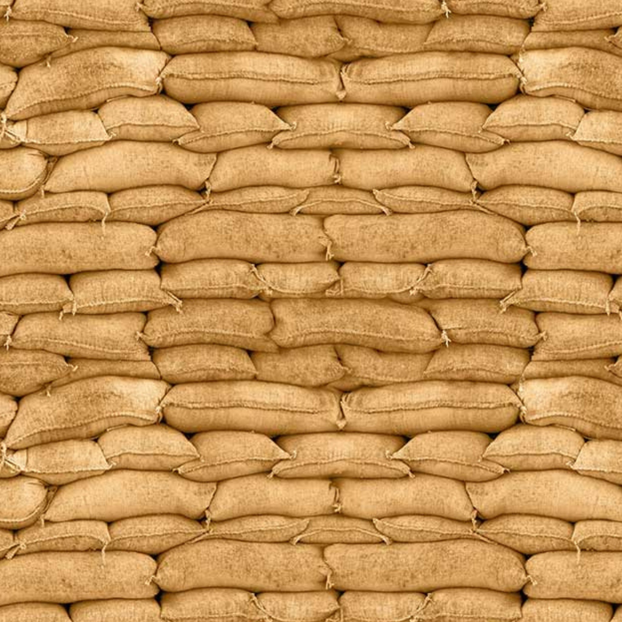 Stacked sandbags sandy tan realistic print fabric for ANZAC military quilts blender patchwork sewing projects