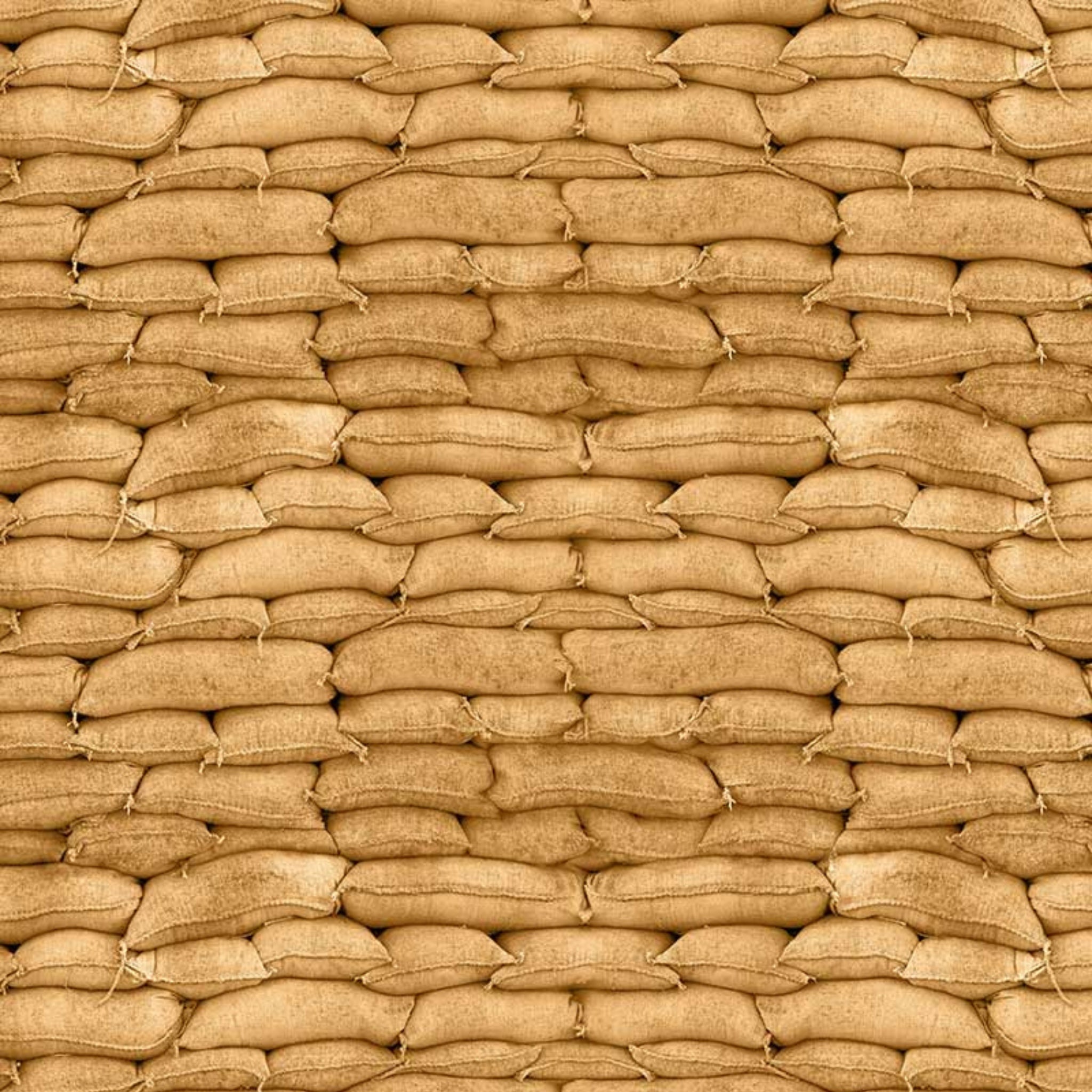 Stacked sandbags sandy tan realistic print fabric for ANZAC military quilts blender patchwork sewing projects