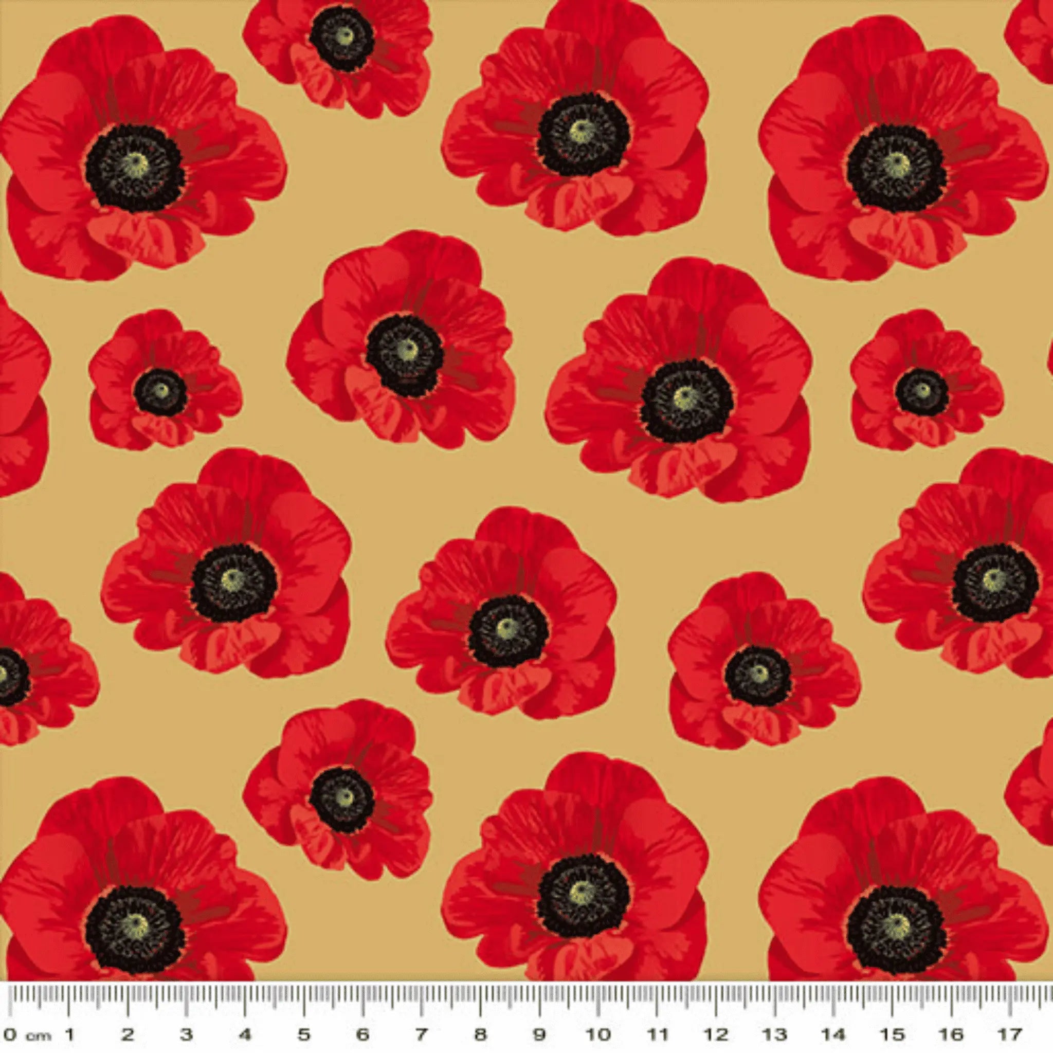 Remembering ANZAC Small Poppies on Beige - KK Fabrics - Three Wishes Patchwork Fabric - Size