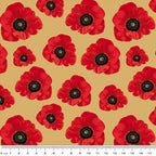Small red poppies black centres golden beige fabric for ANZAC memorial quilts floral cushions patchwork sewing projects