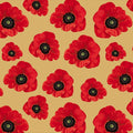 Small red poppies black centres golden beige fabric for ANZAC memorial quilts floral cushions patchwork sewing projects