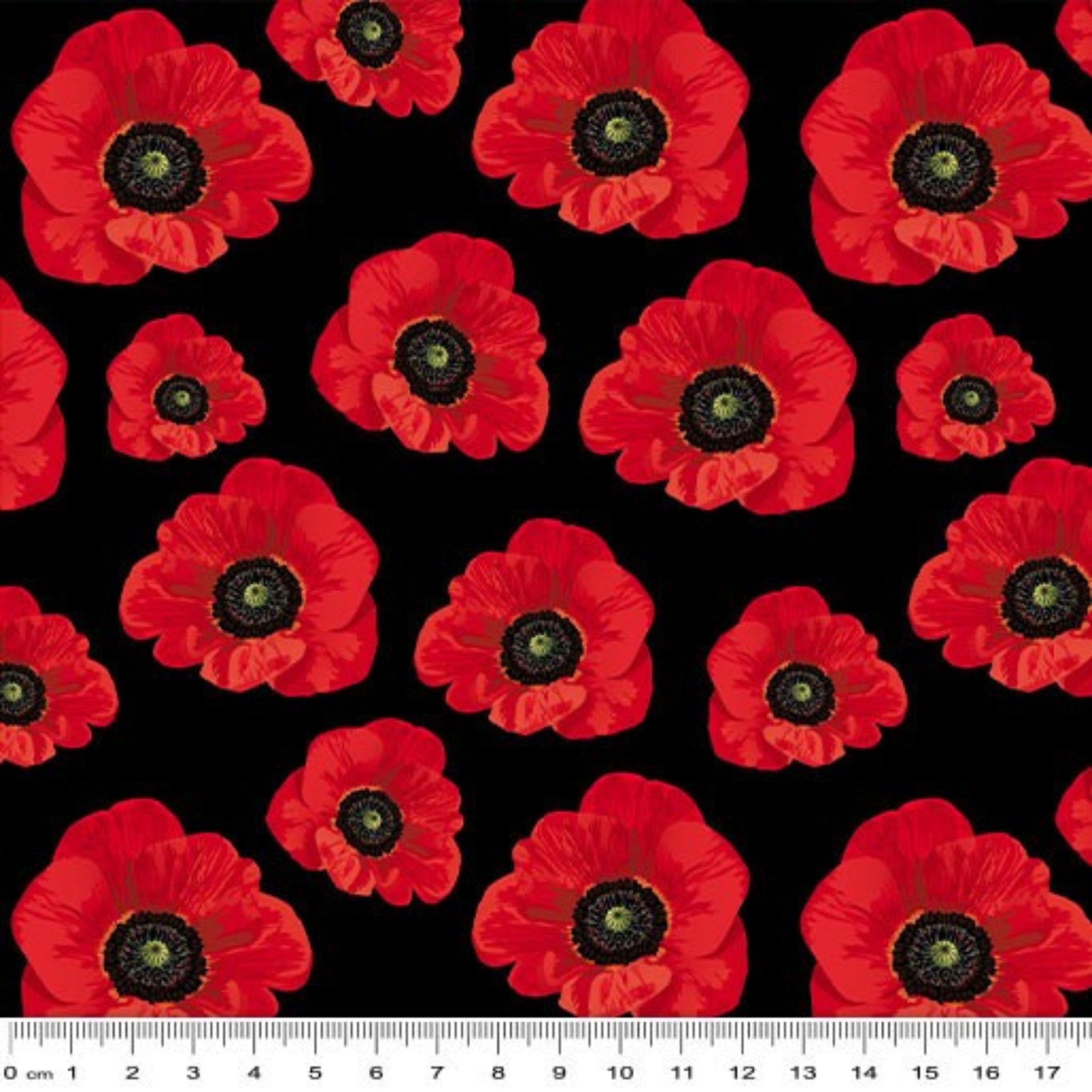 Small red poppies black centres black background fabric for ANZAC memorial quilts floral cushions patchwork sewing projects