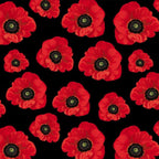 Small red poppies black centres black background fabric for ANZAC memorial quilts floral cushions patchwork sewing projects