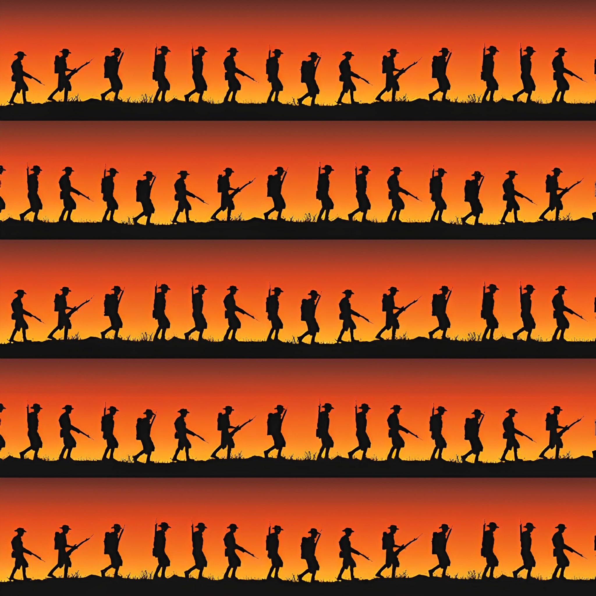 ANZAC soldier silhouette stripe marching orange red sunset fabric for military quilts remembrance banners boys patchwork sewing projects