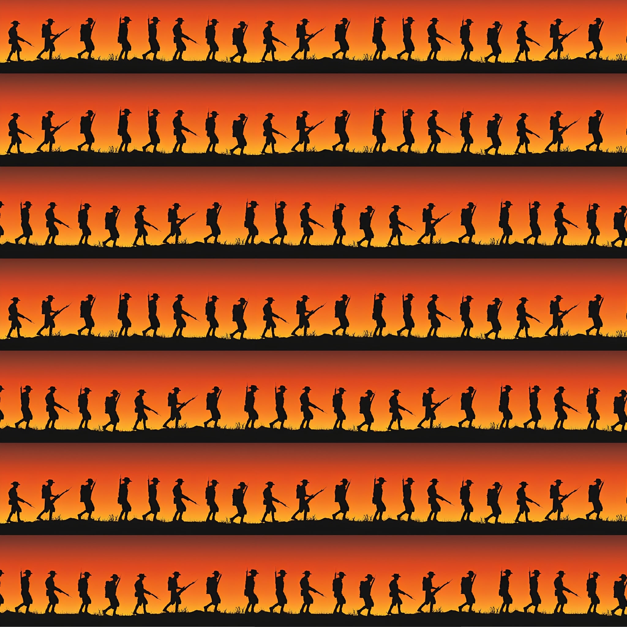 ANZAC soldier silhouette stripe marching orange red sunset fabric for military quilts remembrance banners boys patchwork sewing projects