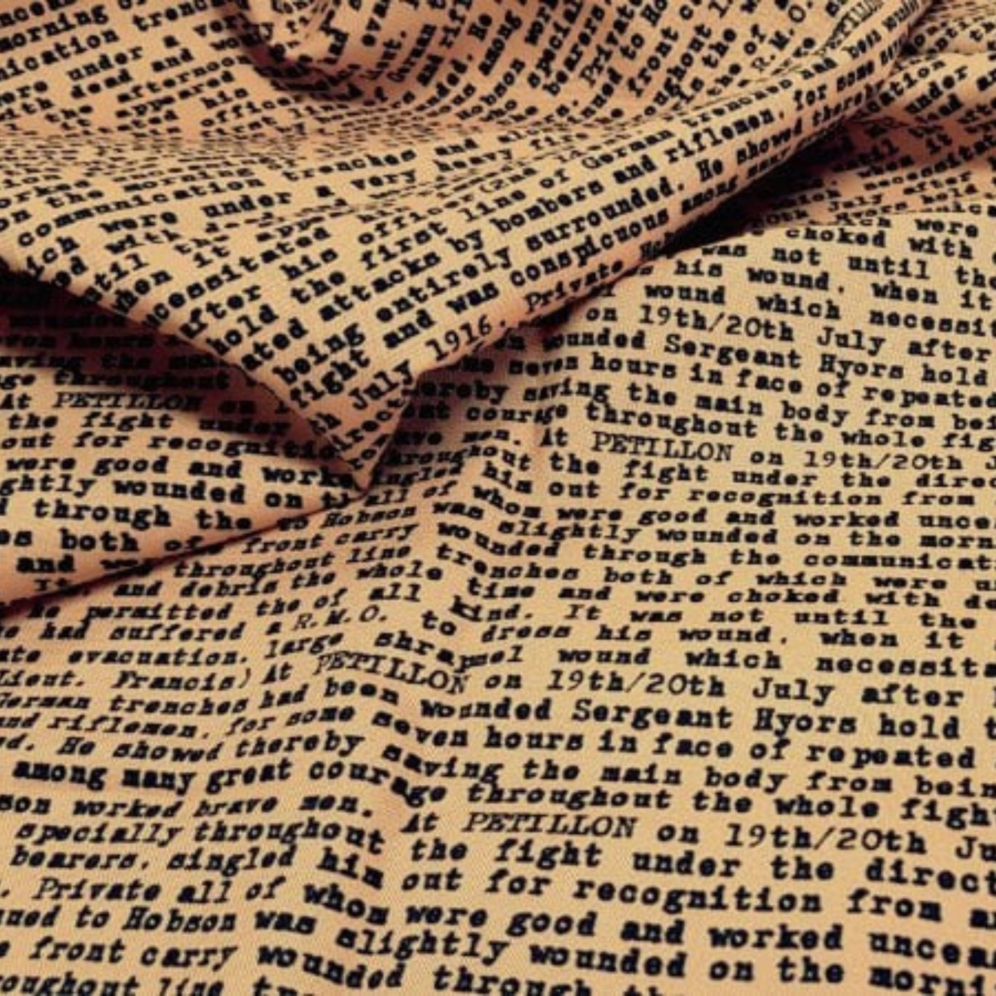 Wartime soldier letter typeface text sandy tan fabric for ANZAC memorial quilts remembrance wall hangings patchwork sewing projects