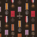 Wartime military medals crosses ribbons dark background fabric for ANZAC commemorative quilts wall hangings keepsakes patchwork projects