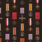 Wartime military medals crosses ribbons dark background fabric for ANZAC commemorative quilts wall hangings keepsakes patchwork projects