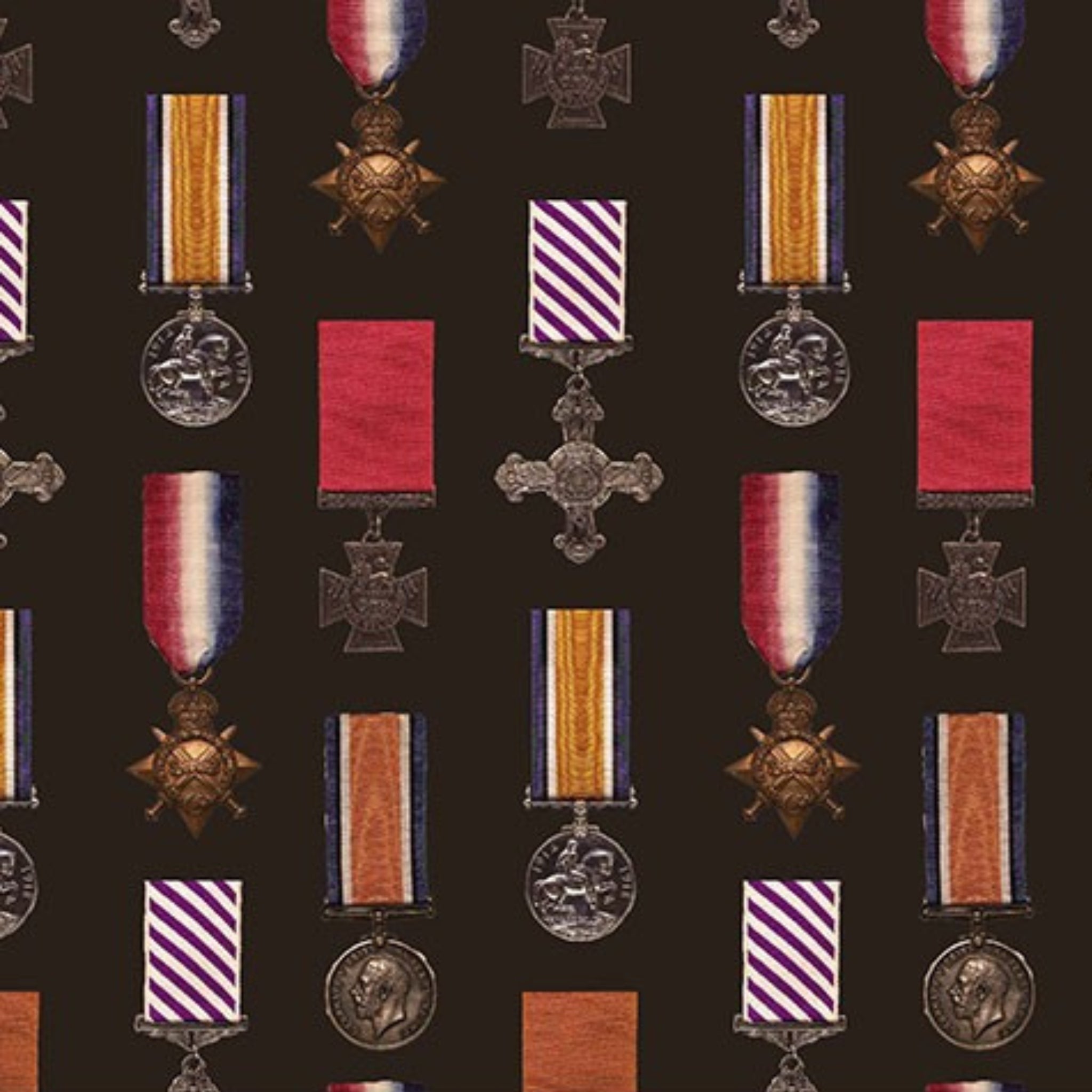 Wartime military medals crosses ribbons dark background fabric for ANZAC commemorative quilts wall hangings keepsakes patchwork projects