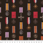 Wartime military medals crosses ribbons dark background fabric for ANZAC commemorative quilts wall hangings keepsakes patchwork projects