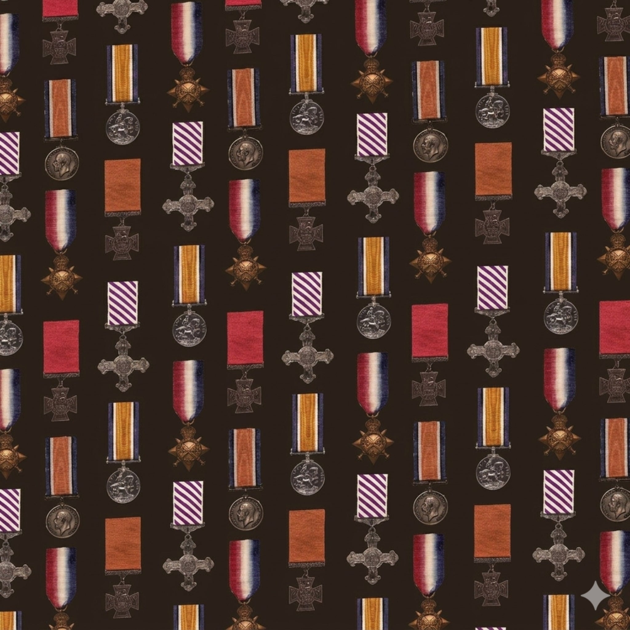 Wartime military medals crosses ribbons dark background fabric for ANZAC commemorative quilts wall hangings keepsakes patchwork projects