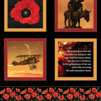 ANZAC WWI block panel soldier dawn slouch hat poppy light horseman biplane Ode of Remembrance black red fabric for commemorative quilts wall hangings
