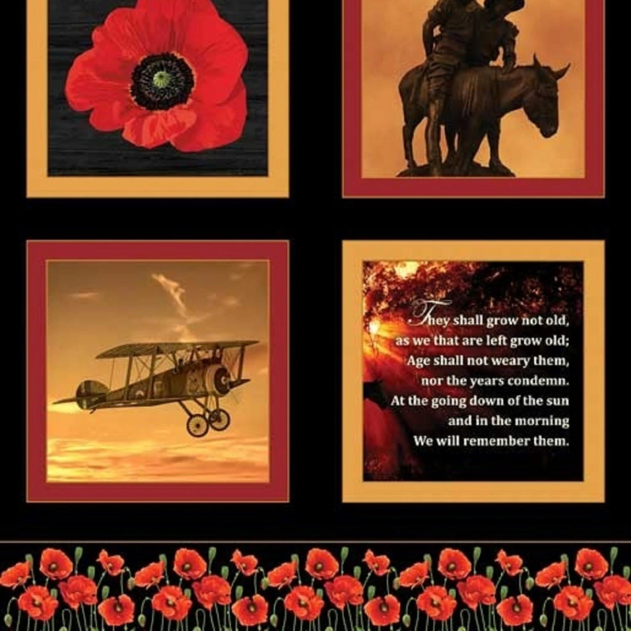 ANZAC WWI block panel soldier dawn slouch hat poppy light horseman biplane Ode of Remembrance black red fabric for commemorative quilts wall hangings