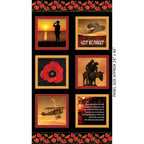 ANZAC WWI block panel soldier dawn slouch hat poppy light horseman biplane Ode of Remembrance black red fabric for commemorative quilts wall hangings