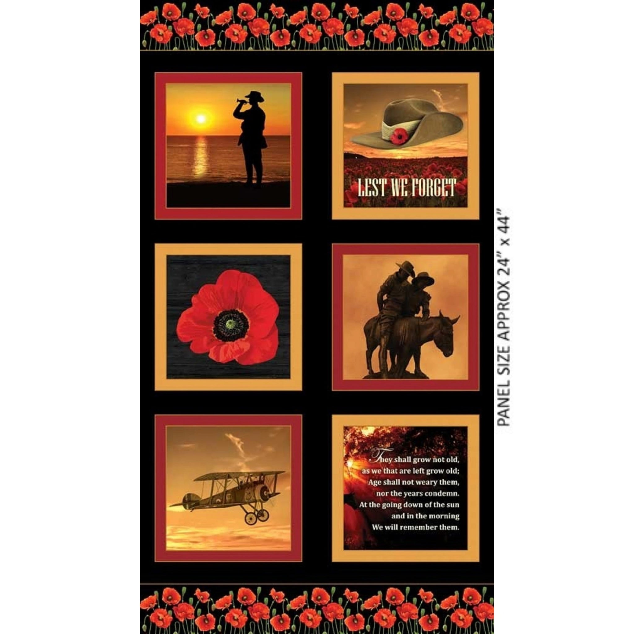 ANZAC WWI block panel soldier dawn slouch hat poppy light horseman biplane Ode of Remembrance black red fabric for commemorative quilts wall hangings