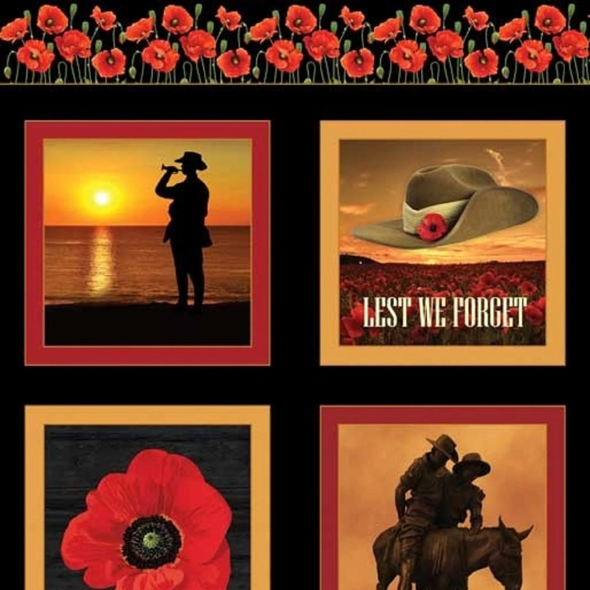 ANZAC WWI block panel soldier dawn slouch hat poppy light horseman biplane Ode of Remembrance black red fabric for commemorative quilts wall hangings