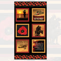 ANZAC WWI block panel soldier dawn slouch hat poppy light horseman biplane Ode of Remembrance black red fabric for commemorative quilts wall hangings