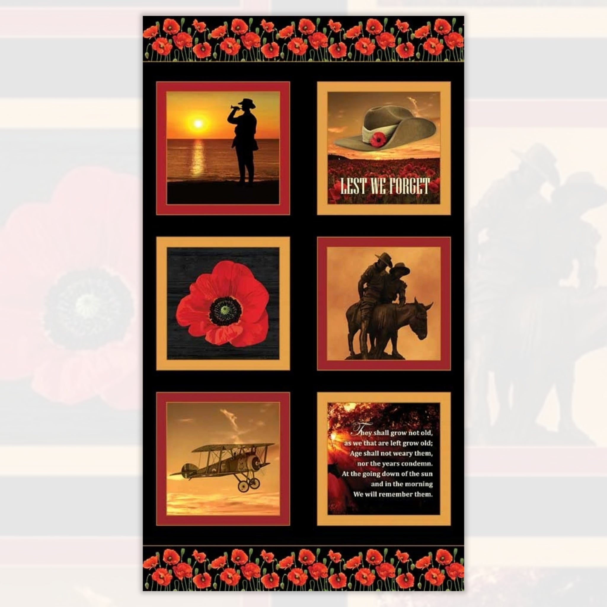 ANZAC WWI block panel soldier dawn slouch hat poppy light horseman biplane Ode of Remembrance black red fabric for commemorative quilts wall hangings