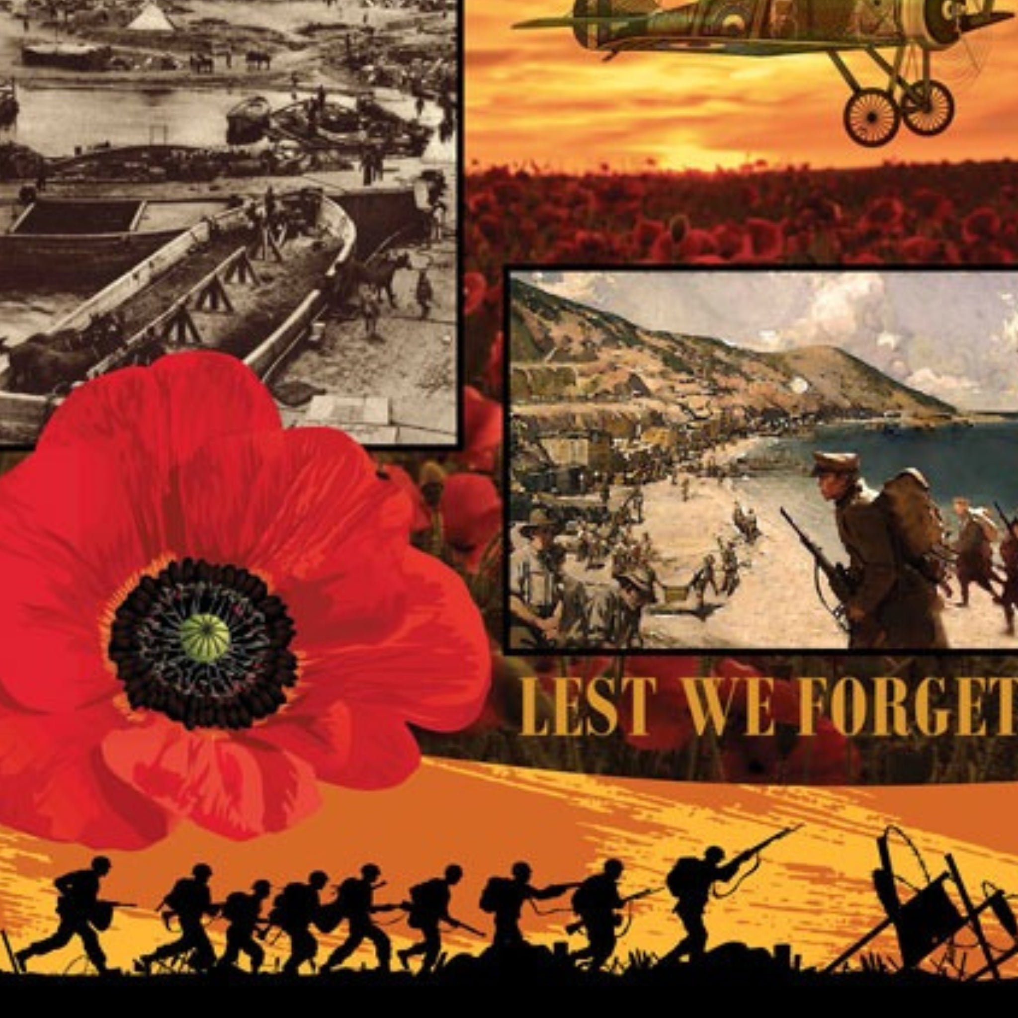ANZAC WWI panel Rising Sun badge medals biplane Gallipoli poppies soldiers orange sunset Lest We Forget fabric for commemorative quilts wall hangings