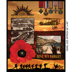 ANZAC WWI panel Rising Sun badge medals biplane Gallipoli poppies soldiers orange sunset Lest We Forget fabric for commemorative quilts wall hangings