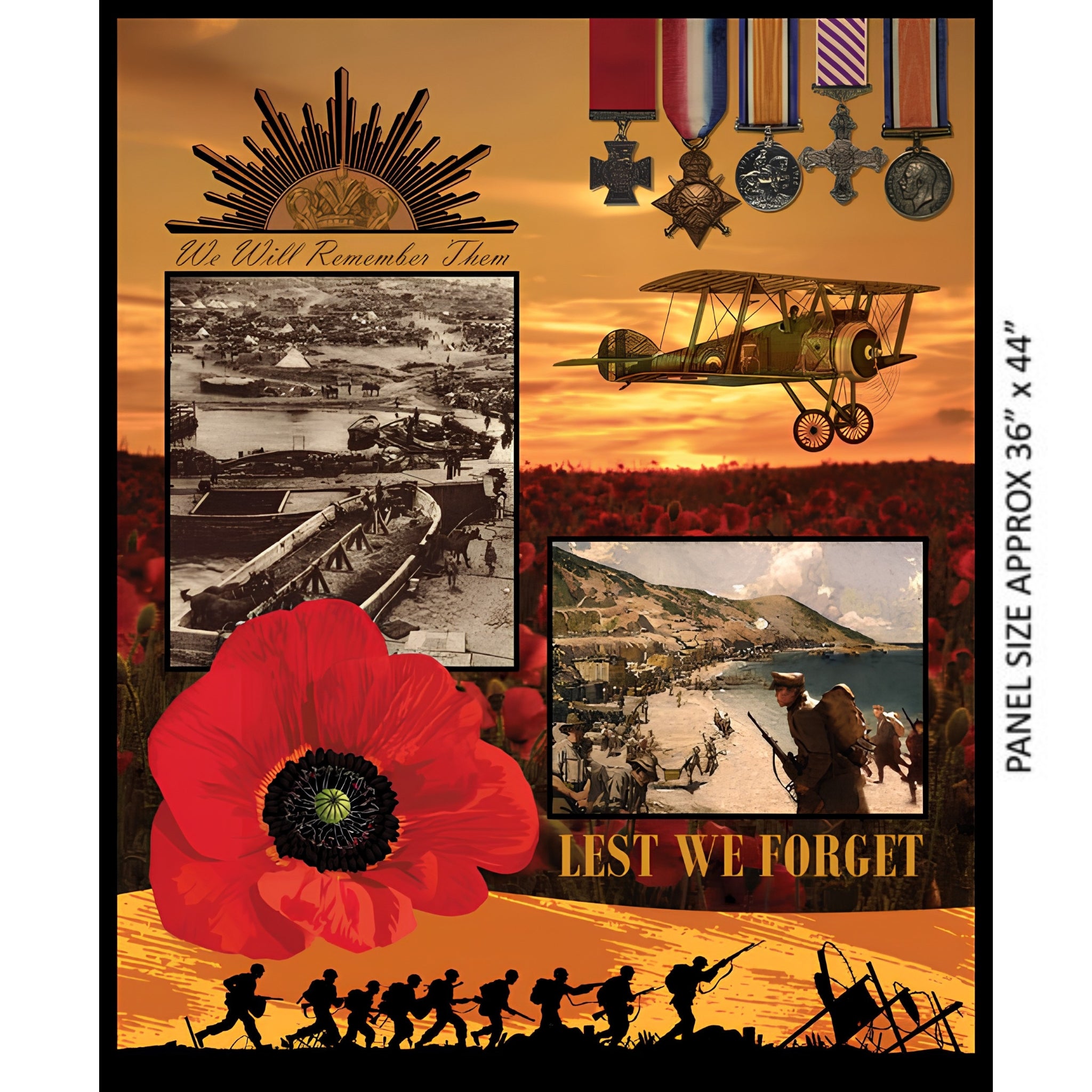 ANZAC WWI panel Rising Sun badge medals biplane Gallipoli poppies soldiers orange sunset Lest We Forget fabric for commemorative quilts wall hangings