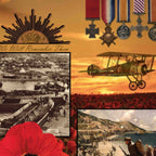 ANZAC WWI panel Rising Sun badge medals biplane Gallipoli poppies soldiers orange sunset Lest We Forget fabric for commemorative quilts wall hangings