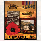 ANZAC WWI panel Rising Sun badge medals biplane Gallipoli poppies soldiers orange sunset Lest We Forget fabric for commemorative quilts wall hangings
