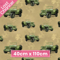 Green army jeeps on sand beige quilting cotton fabric from Remembering Vietnam collection
