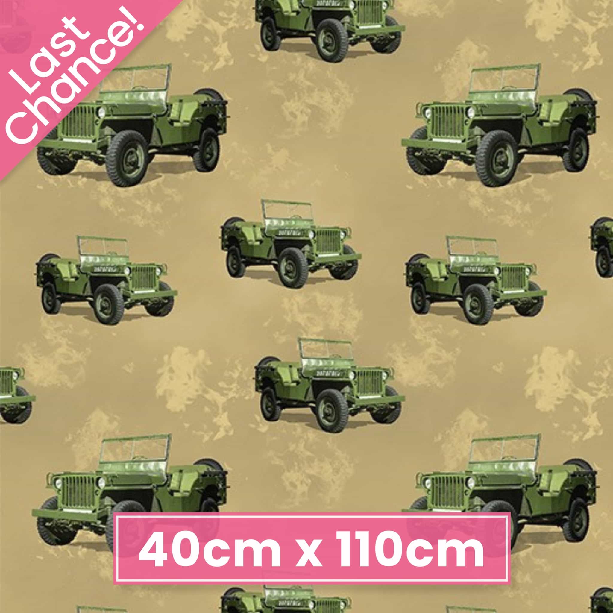 Green army jeeps on sand beige quilting cotton fabric from Remembering Vietnam collection