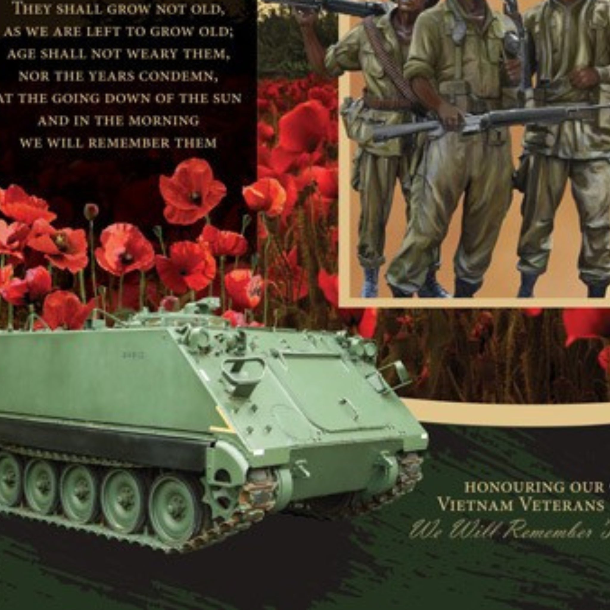 Vietnam War commemorative panel Rising Sun badge soldiers poppies helicopter armoured vehicle Ode of Remembrance fabric for memorial quilts wall hangings