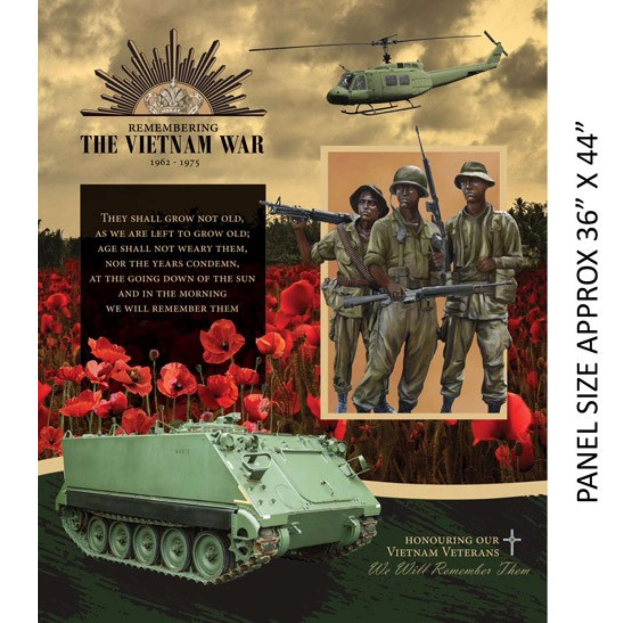 Vietnam War commemorative panel Rising Sun badge soldiers poppies helicopter armoured vehicle Ode of Remembrance fabric for memorial quilts wall hangings