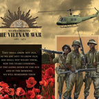 Vietnam War commemorative panel Rising Sun badge soldiers poppies helicopter armoured vehicle Ode of Remembrance fabric for memorial quilts wall hangings